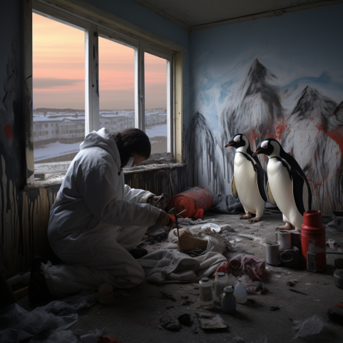 Man painting family of penguins