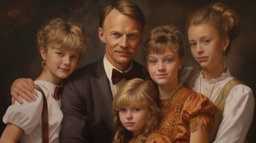 Family posing with forced smiles in '80s portrait