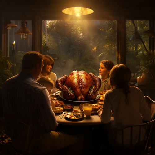 Family enjoying roast chicken on hiking trip