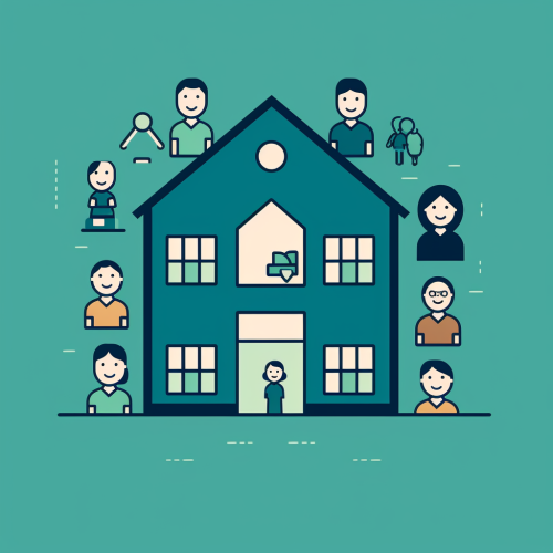 Outline icons of family in front of house