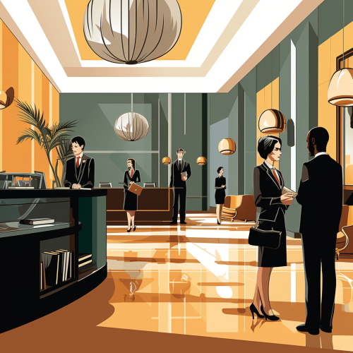 Luxury reception area with workers in suits