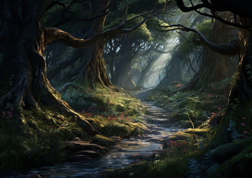 Romanticized forest with flowing bark