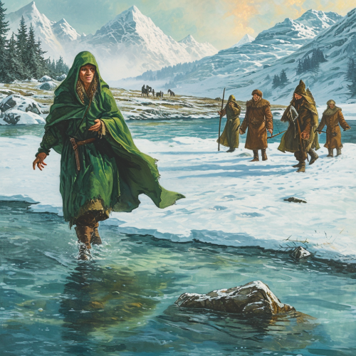 Female Druid Helps Injured Fisherman on Frozen Lake