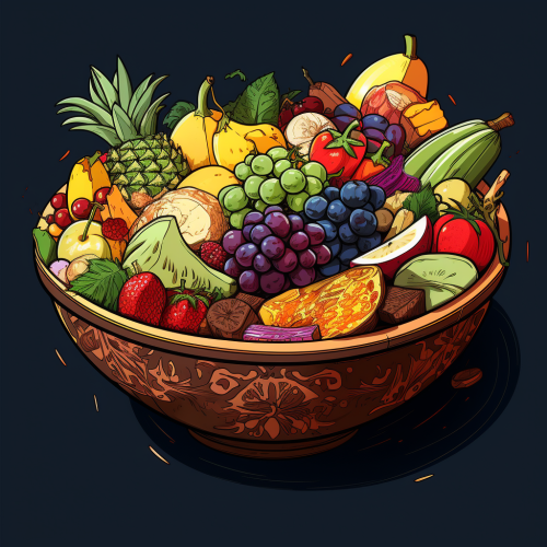 Exotic fruits in wooden bowl illustration Exotic fruits in wooden bowl illustration