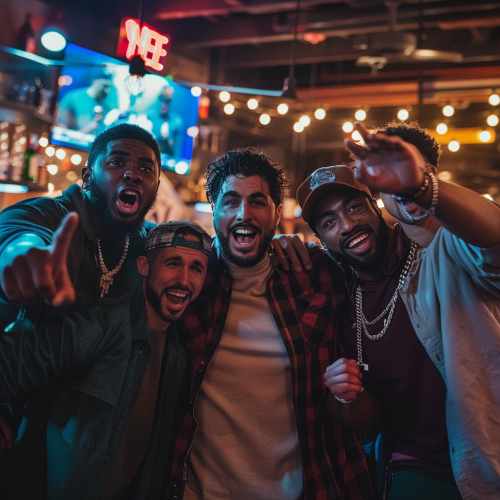 diverse men celebrating football victory