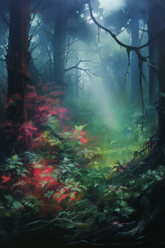 Vivid fantasy forest close-up painting