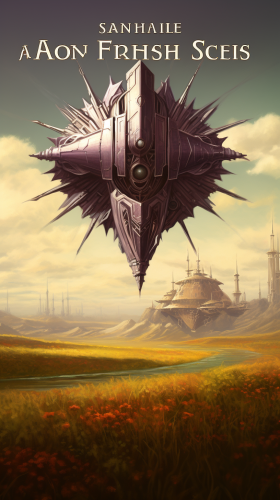Dark fantasy spaceship sailing over long grass
