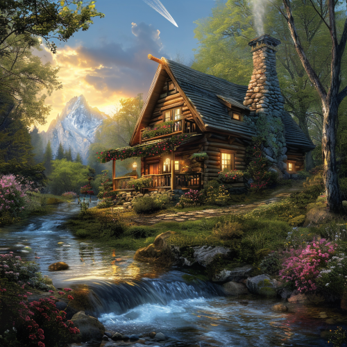 Fantasy stream log cabin with front porch
