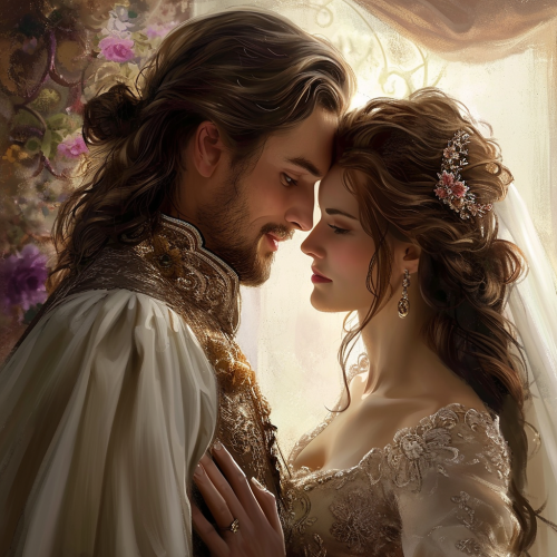 Handsome man and beautiful girl at fantasy wedding