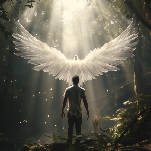 Fantasy young man with spread white wings