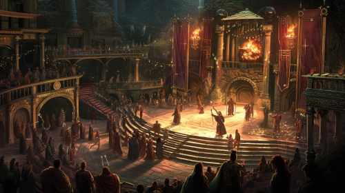 Fantasy amphitheater with fire artists and elf people