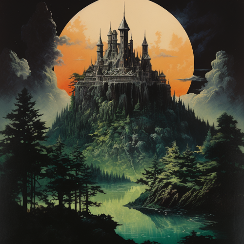 1980s dark fantasy book cover art with floating island castle