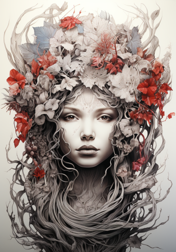 Gorgeous fantasy forest with blooming flowers and goddess