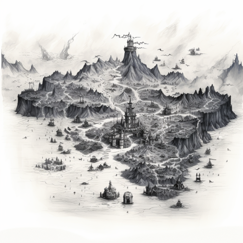 Black and white hand-inked fantasy map