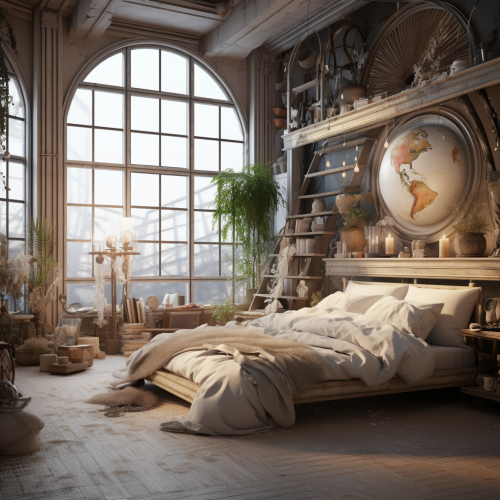 Fantasy-inspired messy bedroom with soft accented colors