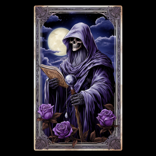 Grim Reaper with Purple Rose on Tarot Card