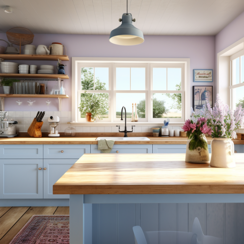 Beautiful clutter-free farmhouse kitchen with light blue cabinetry