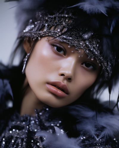 Asian fashion model in high fashion 80s couture aesthetic