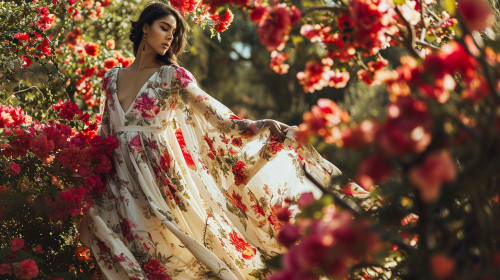 Hispanic female model in ethereal gown among flowers Hispanic female model in ethereal gown among flowers