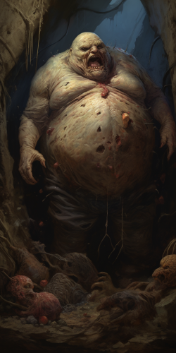 Fantasy art painting of a fat bloated zombie exploding