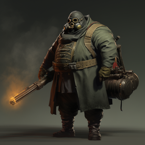 Fat man with centipede tail, army suit, and rocket launcher