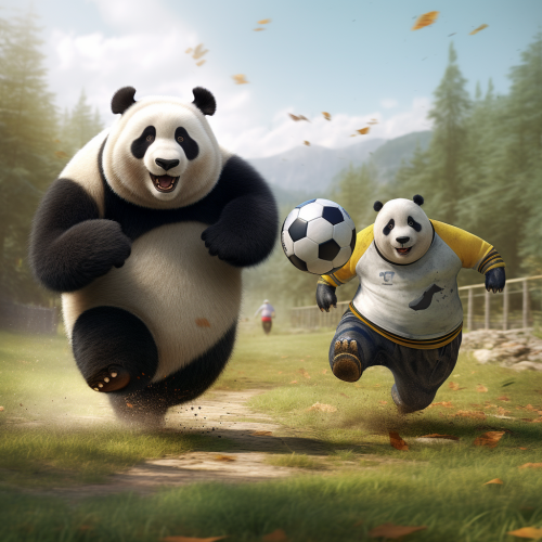 Fat panda and skinny dog playing soccer