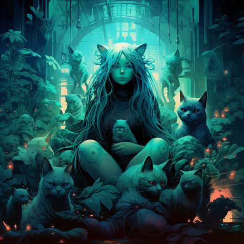 Fat woman with long turquoise hair in a cyberpunk city