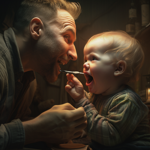 Father brushing baby's teeth gently