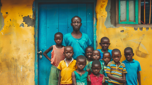 Father with many children in colorful setting