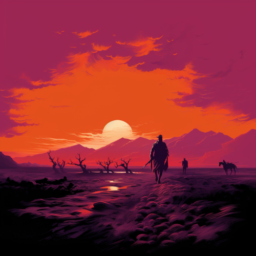 Dramatic orange and purple skies in Fellini-inspired western scene.