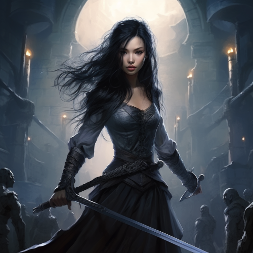 Female assassin with katana defending castle