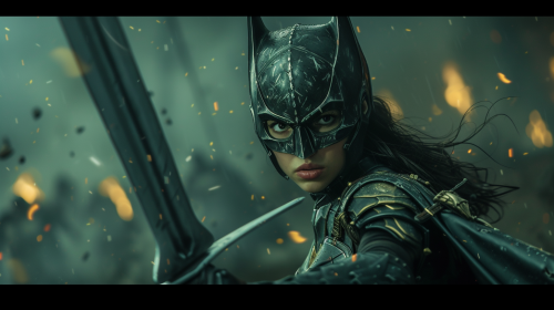 Female Batman in Armor with Long Sword on Battlefield Female Batman in Armor with Long Sword on Battlefield