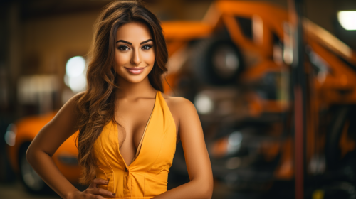 Smiling female car mechanic in vintage workshop