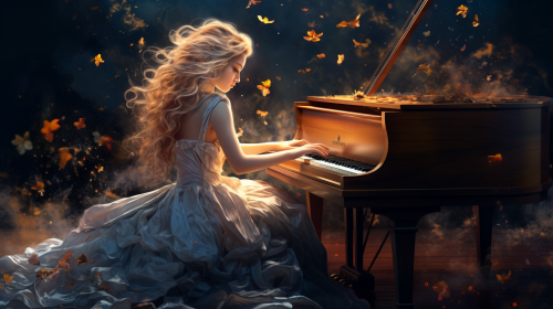 Female composer lost in creativity at piano.