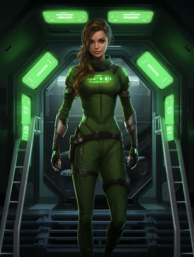 Female green slime engineer at spaceship console