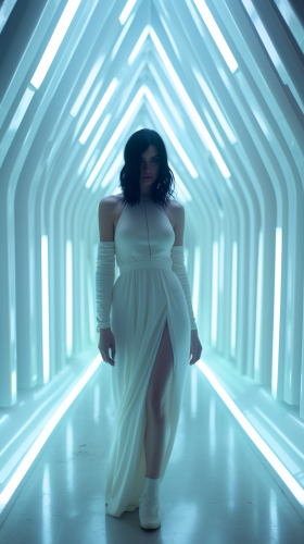 Female model walking into ghost portal