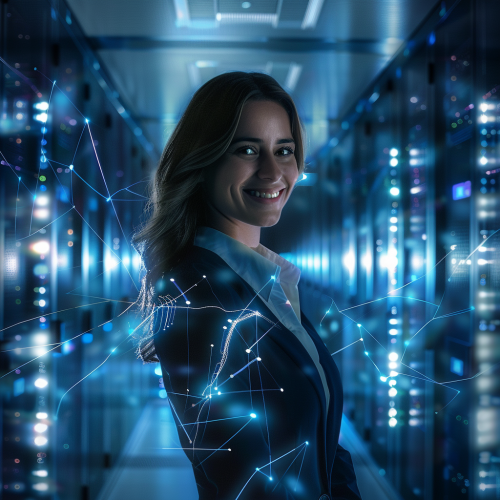 Professional female in data center smiling