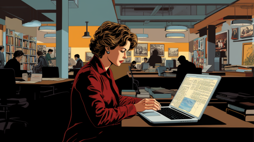 Female professor working on laptop in book-lined office