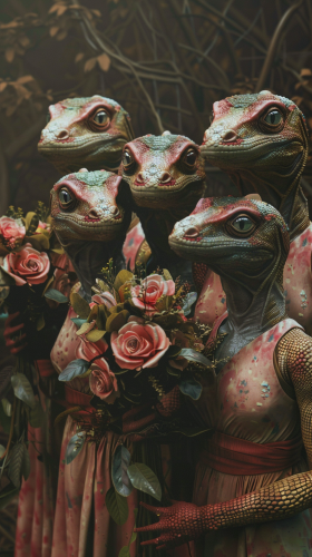 Human-robot hybrid beings holding bouquets