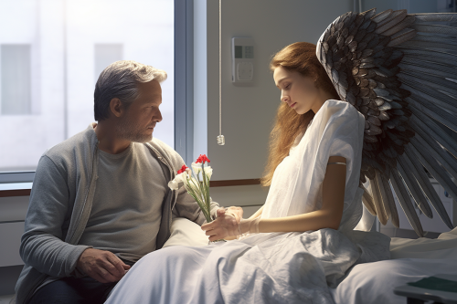 Female angel comforting a hospitalized man