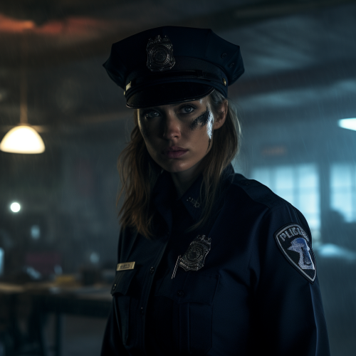 Fearful female cop in abandoned warehouse at night