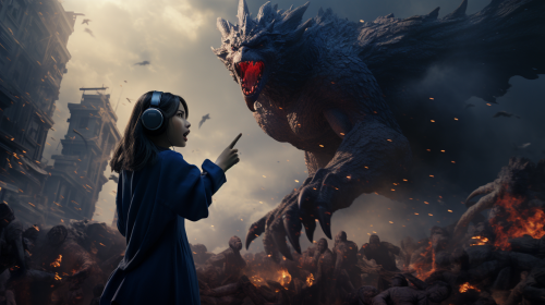 Female Japanese Reporter Holding Microphone to Kaiju Monster