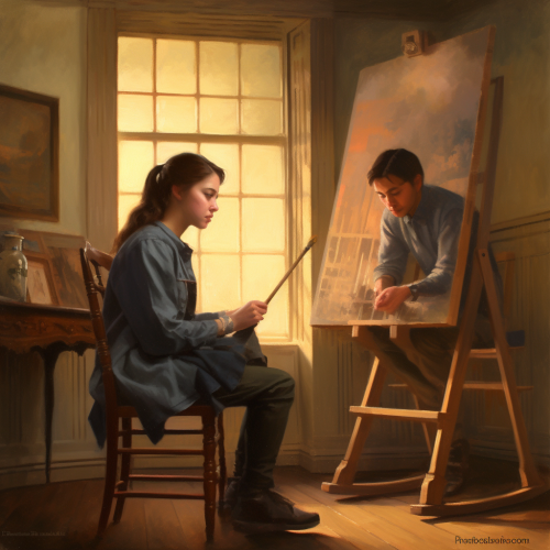 Novice female model painting with artist