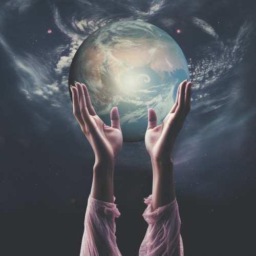 Hand reaching down to touch Earth Hand reaching down to touch Earth
