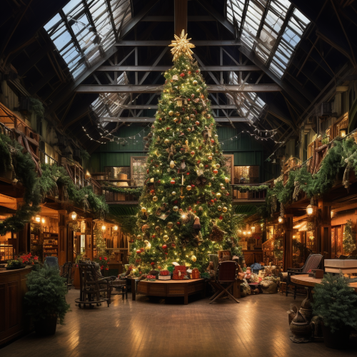 Christmas Hall with Decorated Pine Tree