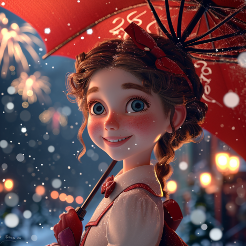 Festive Mary Poppins with Happy 2024 fireworks snow
