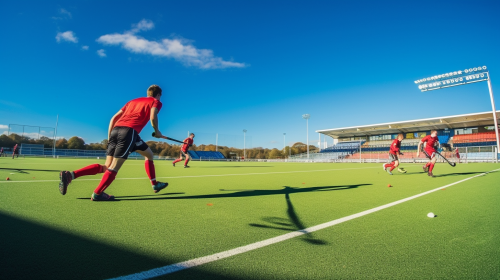 Field hockey game image with two players, one in blue and the other in red