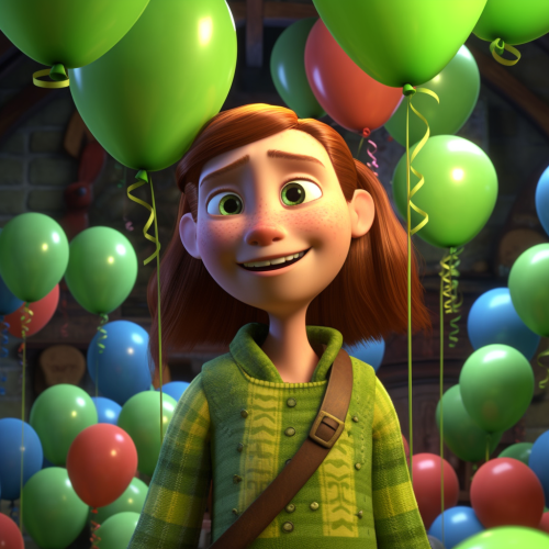 Fiona from Shrek in birthday scene with green balloons