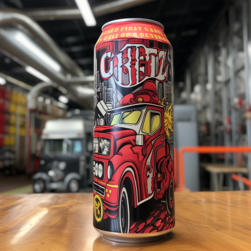 Artistic rendering of firefighter ladder on building-sized beer can