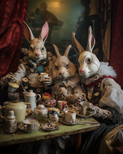 Bizarre carnival characters at a tea party